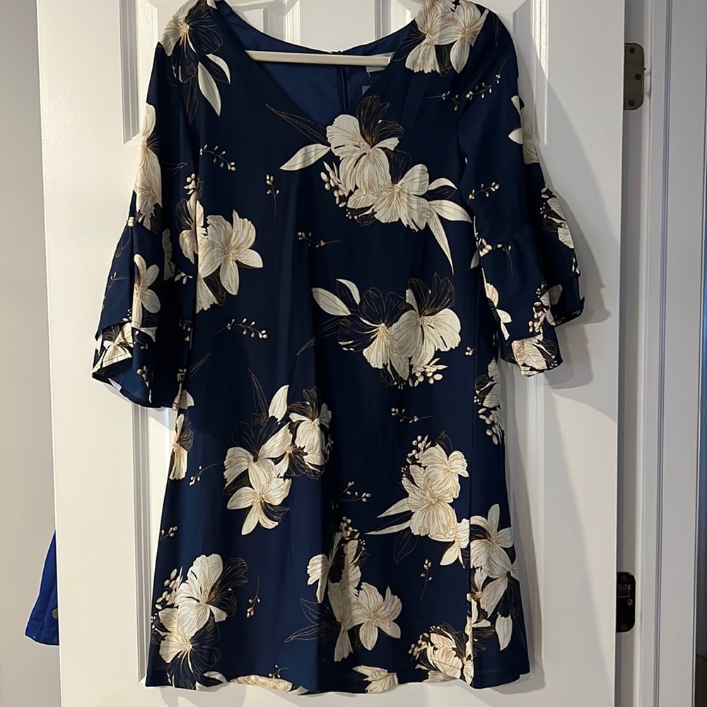Navy blue floral knee length dress with sleeves